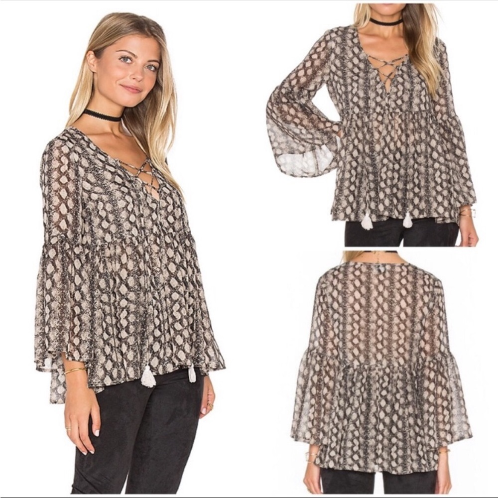 SHOW ME YOUR MUMU Boho Snake Print Poet Sheer Balloon Bell sleeve Fairycore Top